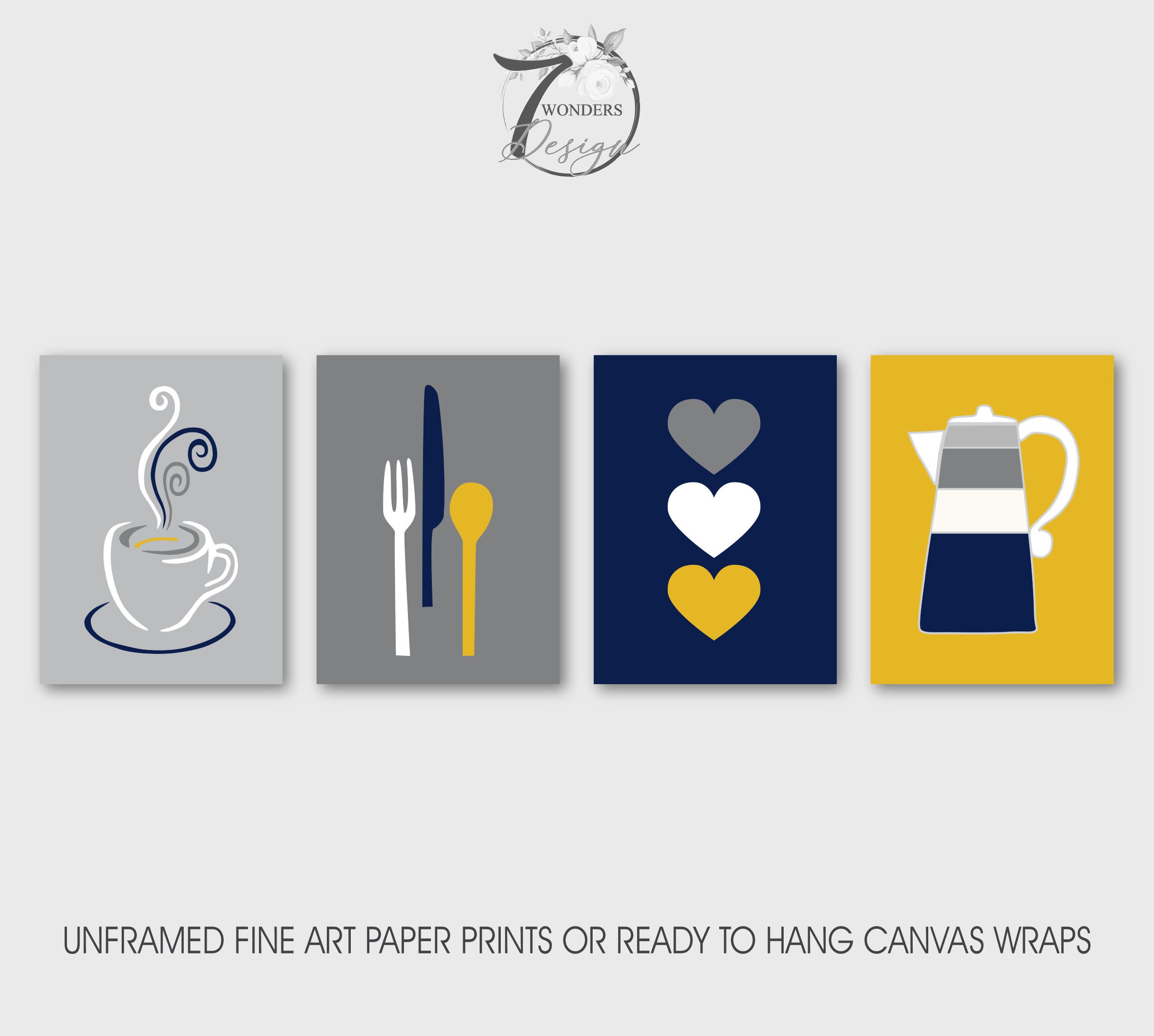 kitchen art personalized prints - utensils, cups,... Modern Kitchen Art Prints, Coffee Theme Utensils Hearts, Navy Mustard ...