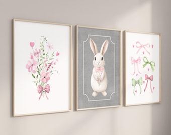 Coquette Bows Girls Cute Bunny Hearts art prints Pink Green Wildflowers Nursery Grandmillennial Decor Set of (3) UNFRAMED Prints or Canvas