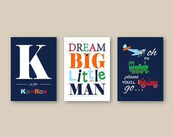 Boys Dream Big, Personalized Name, Transportation Jeep Wall Art Prints, Cars Planes and Trains Art - Places You'll Go, Navy, Green, Unframed