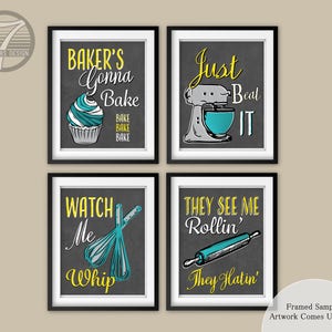 Funny Kitchen Art Prints Bakers Whisk Rolling Pin Mixer See Me Rollin Just Beat It Grey Yellow Turquoise Set of 4 Unframed Prints or Canvas