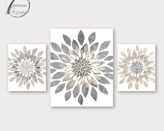 Modern Flower Bursts Neutral Colors Fine Art Print Grey, Tan, Dust Beige, Cottage, Farmhouse Wall Art Set of (3) Unframed Prints OR Canvas