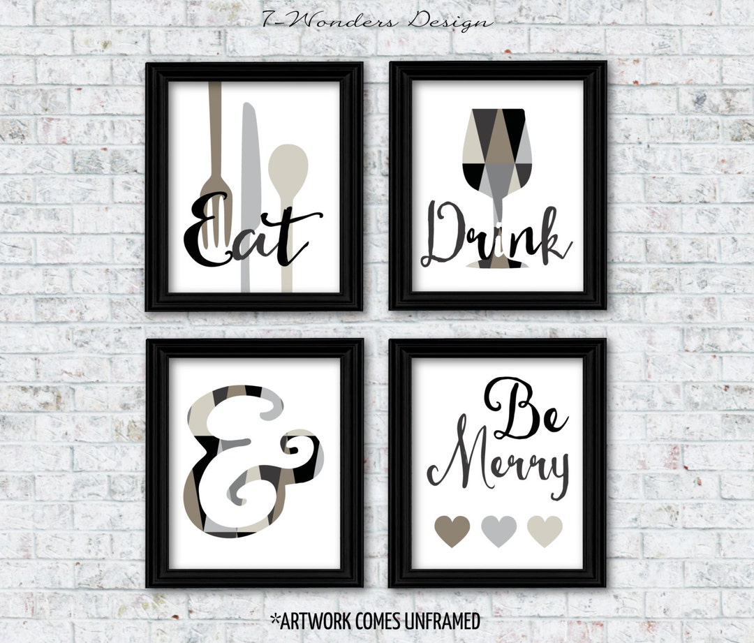 modern neutral kitchen art set of 5 prints -... Modern Kitchen Art Prints Geometric Eat Drink Be Merry Neutral Colors ...