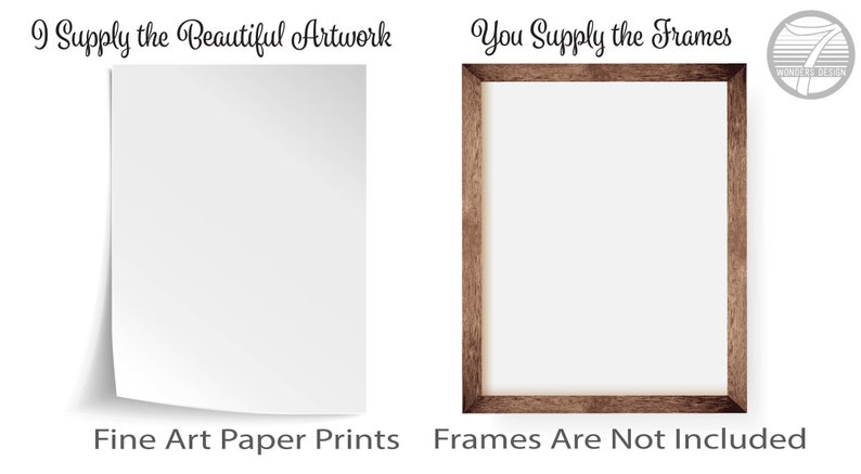 K&ouml;nnte beinhalten: Ein wei&szlig;er Kunstdruck mit einer gebogenen Kante wird neben einem braunen Holzrahmen gezeigt. Der Text lautet "I Supply the Beautiful Artwork" und "You Supply the Frames". Der Text "Fine Art Paper Prints" und "Frames Are Not Included" ist ebenfalls vorhanden.