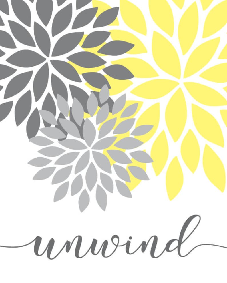 May include: A white background with three overlapping gray and yellow floral designs. The text "unwind" is written in gray cursive at the bottom of the image.