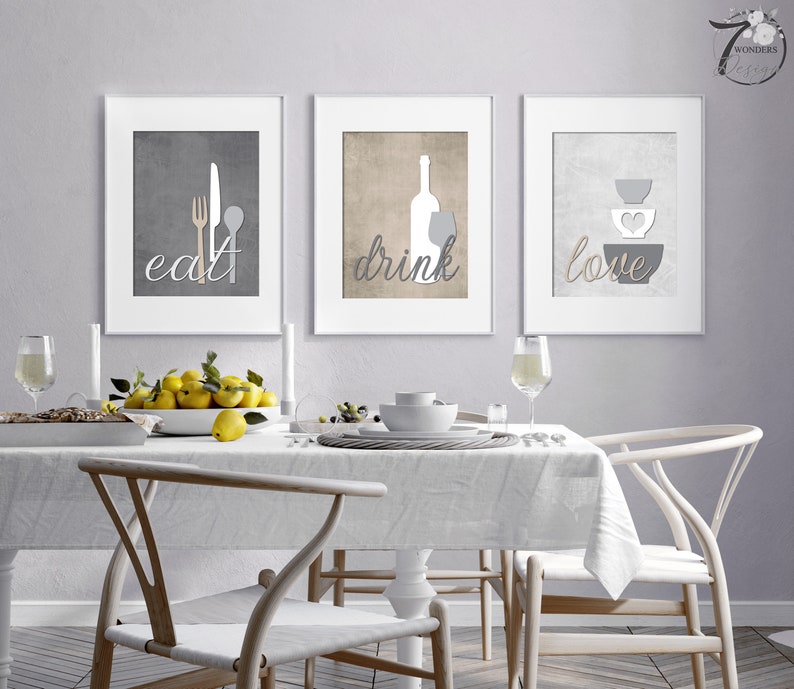 100+ kitchen art prints bundle, food & drink wall... Kitchen Wall Art Print Set Eat Drink Love Utensils Coffee Bowls Gray ...