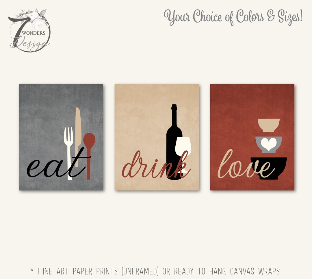 kitchen art personalized prints - utensils, cups,... Kitchen Wall Art Print Set Eat Drink Love Utensils Wine Bowls Gray Rust ...