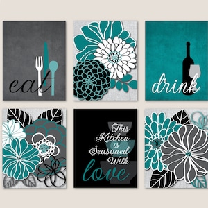 Rustic Kitchen Wall Art, Eat Drink Love, Teal Gray Black Dining Room Decor  Farmhouse Decor  Set of (6) Prints or Canvas