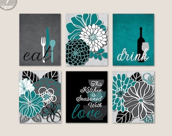 Rustic Kitchen Wall Art, Eat Drink Love, Teal Gray Black Dining Room Decor  Farmhouse Decor  Set of (6) Prints or Canvas