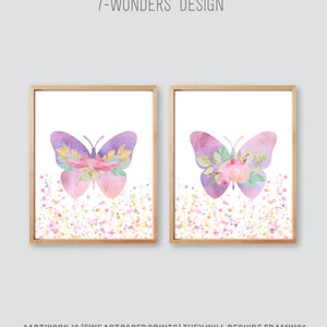 Girls Watercolor Flowers Butterfly Purple Pink Wall Art Print Set Cute Art for Girls Nursery Teen Dorm Bedroom Set of 2 Unframed Art Prints