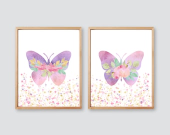 Girls Watercolor Flowers Butterfly Purple Pink Wall Art Print Set Cute Art for Girls Nursery Teen Dorm Bedroom Set of 2 Unframed Art Prints