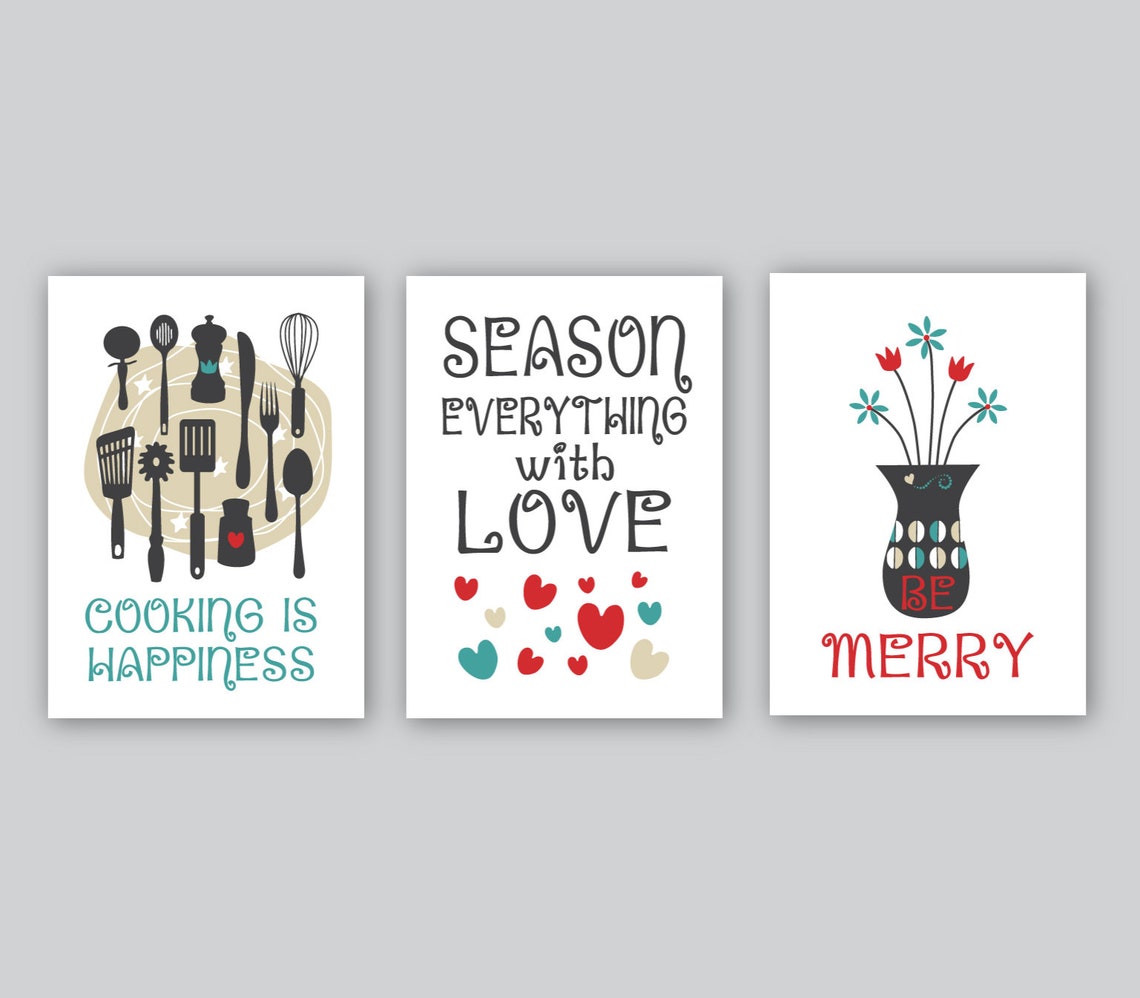 Kitchen Art Print Set Season With Love Cooking Happiness Retro Kitchen ...