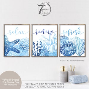 Relax Refresh Renew Ocean Blue Theme Bathroom Art Prints, Starfish Coral, Neutrals Modern Beach Theme, Set of (3) Unframed Prints or Canvas