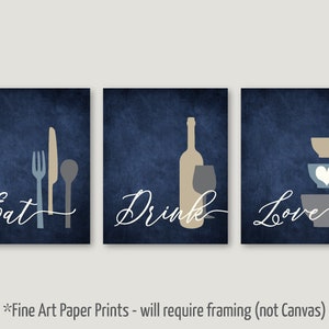 Kitchen Wall Art Print Set, Eat Drink Love, Flower Bursts, Navy Gray Tan Cream, Modern Decor, Set of 6 Unframed Paper Prints or Canvas image 2