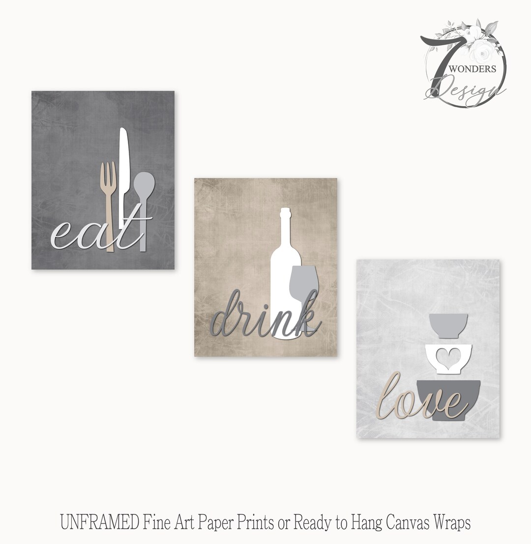 beige kitchen prints, dining room prints, set of 3,... Kitchen Wall Art Print Set Eat Drink Love Utensils Coffee Bowls Gray ...