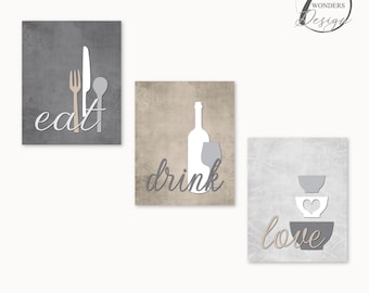 Kitchen Wall Art Print Set Eat Drink Love Utensils Coffee Bowls Gray Beige Neutral Farmhous Decor Set of (3) UNFRAMED Art Prints or Canvas