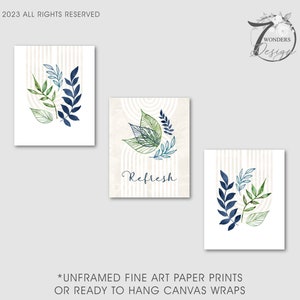 Refresh Botanical Bathroom Spa Art Prints Watercolor Navy Blue Blue Green Tan Floral Geometric Art Decor Set of 3 UNFRAMED Prints OR Canvas