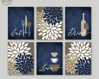 Kitchen Wall Art Print Set, Eat Drink Love, Flower Bursts, Navy Beige Tan Cream, Modern Decor, Set of (6) UNFRAMED Paper Prints or Canvas