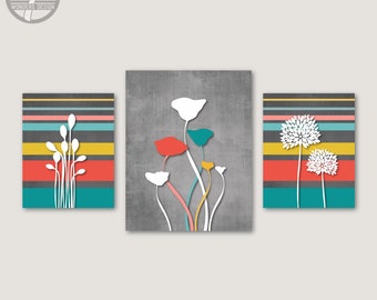 Flower Poppy, Bursts, Reeds Fine Art Prints Coral Teal Mustard Gray Charcoal Hand Drawn Modern Decor Set of (3) UNFRAMED Prints or Canvas