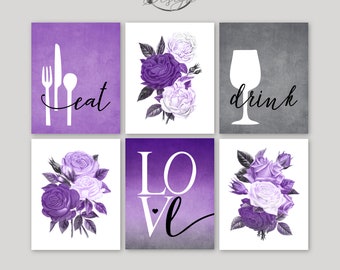 Kitchen Wall Art Print Set, Eat Drink Love Vintage Rose Floral Purple Gray Black Dining Room Decor Set of (6) UNFRAMED Prints or Canvas