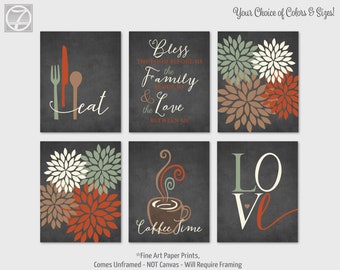 Kitchen Wall Art Prints Eat Bless the Food Family Love Coffee  Flower Bursts Charcoal Burnt Sage Dining Decor Set of (6) UNFRAMED or Canvas