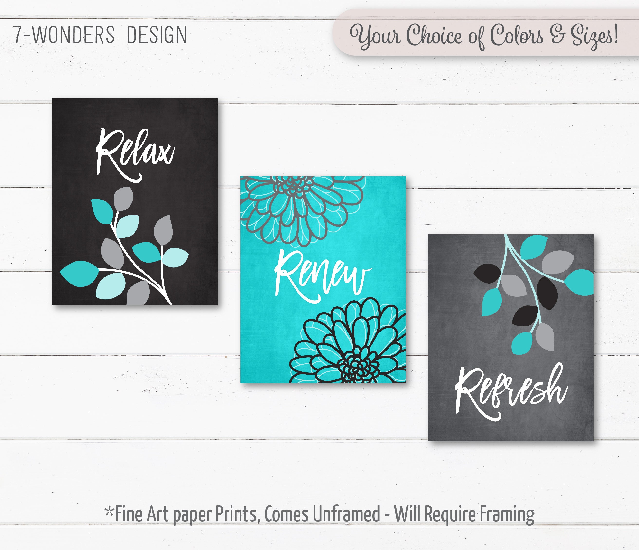 Turquoise Grey BATHROOM Wall Art Prints Relax Renew Refresh Etsy