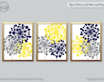 Abstract Floral Dandelion Art Prints Grey Yellow Navy // Modern Flower Home Wall Art Decor, Set of (3) Unframed Paper Prints or Canvas