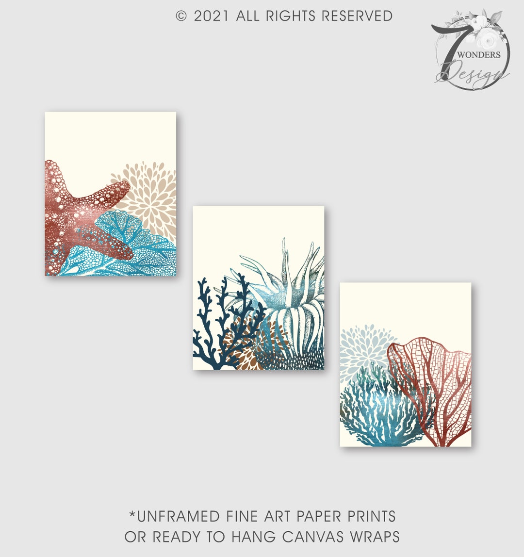 Ocean Theme Art Prints Starfish Coral Blue Beige Modern Etsy