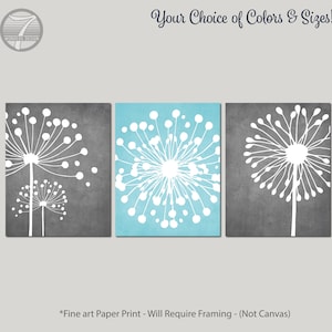 Aqua Gray Wall Art Dandelion Floral Art Prints, Modern Flower Home Bedroom, Bathroom Wall Decor, Set of (3) Unframed Paper Prints or Canvas