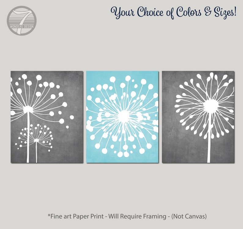 Aqua Gray Wall Art Dandelion Floral Art Prints, Modern Flower Home Bedroom, Bathroom Wall Decor, Set of 3 Unframed Paper Prints or Canvas image 1