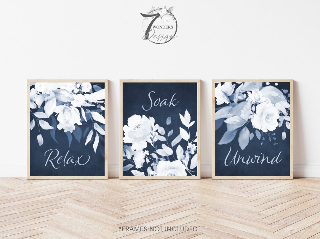 Navy Bathroom Wall Art Prints Relax Soak Unwind Blue Indigo Watercolor