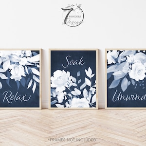 Navy Bathroom Wall Art Prints Relax Soak Unwind Blue Indigo Watercolor Flowers Feminine Art Home Decor Set of 3, Unframed Prints OR Canvas