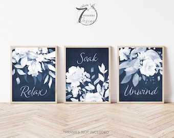 Navy Bathroom Wall Art Prints Relax Soak Unwind Blue Indigo Watercolor Flowers Feminine Art Home Decor Set of 3, Unframed Prints OR Canvas