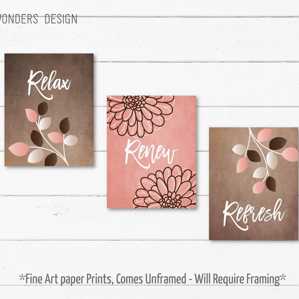 Brown Blush Pink BATHROOM Wall Art, Relax Renew Refresh Quotes, Flowers Leaves, Neutral Bathroom Decor, Set of (3) Unframed Prints or Canvas