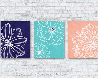 Navy Aqua Peach Flower Art Prints, Floral Dahlia Wall Art Bedroom Bathroom Modern Home Decor, Set of (3) Unframed Paper Prints or Canvas