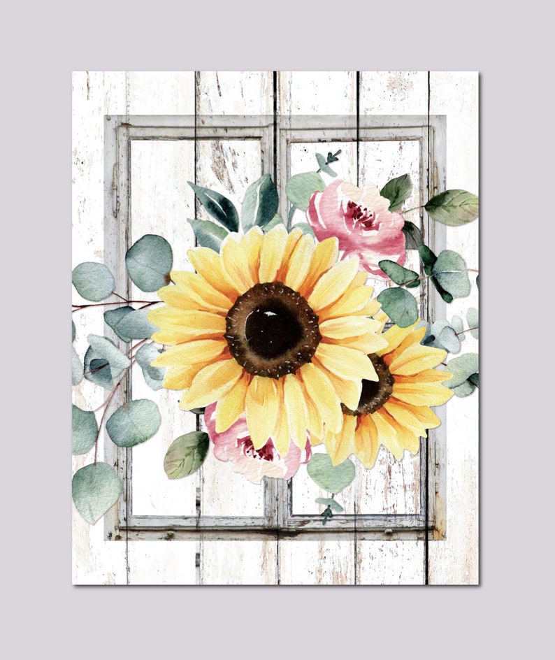 Rustic Farmhouse Kitchen Wall Art Print Sunflower Eucalyptus Etsy