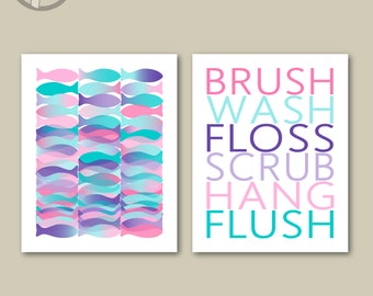 Girls Teens Kids Bathroom Art Prints, Brush, Wash, Floss - Fish, Pink, Purple, Turquoise Set or (2) UNFRAMED Paper Prints or Canvas