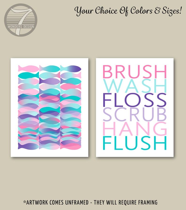 Girls Teens Kids Bathroom Art Prints, Brush, Wash, Floss Fish, Pink, Purple, Turquoise Set or 2 UNFRAMED Paper Prints or Canvas image 1