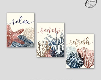 Relax Renew Refresh Ocean Theme Bathroom Art Prints, Starfish Coral Navy Neutrals Modern Beach Theme, Set of (3) Unframed Prints or Canvas