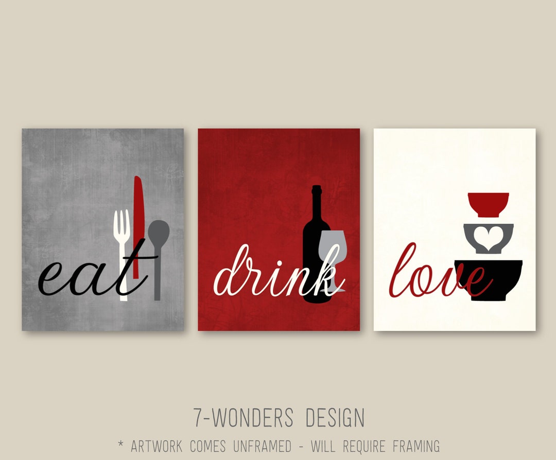 art prints set of 3 for kitchen - etsy Images High... Kitchen Wall Art Print Set Eat Drink Love Rustic Red, Grey, Black ...