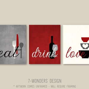 Kitchen Wall Art Print Set Eat Drink Love Rustic Red, Grey, Black, Cream Modern Utensils Kitchen Dining Set of 3 UNFRAMED Prints or Canvas immagine 1