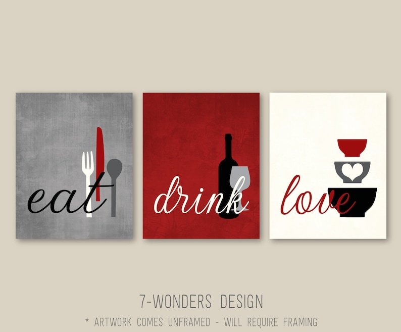 Kitchen Wall Art Print Set Eat Drink Love Rustic Red, Grey, Black, Cream Modern Utensils Kitchen Dining Set of 3 UNFRAMED Prints or Canvas image 1