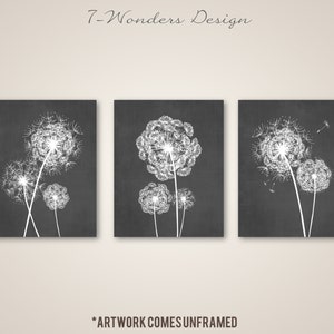 Dandelion Wall Art Prints, Charcoal Grey Flower Art, Living Room Bedroom Bathroom Floral Decor Set of 3 Unframed Paper Prints or Canvas image 1