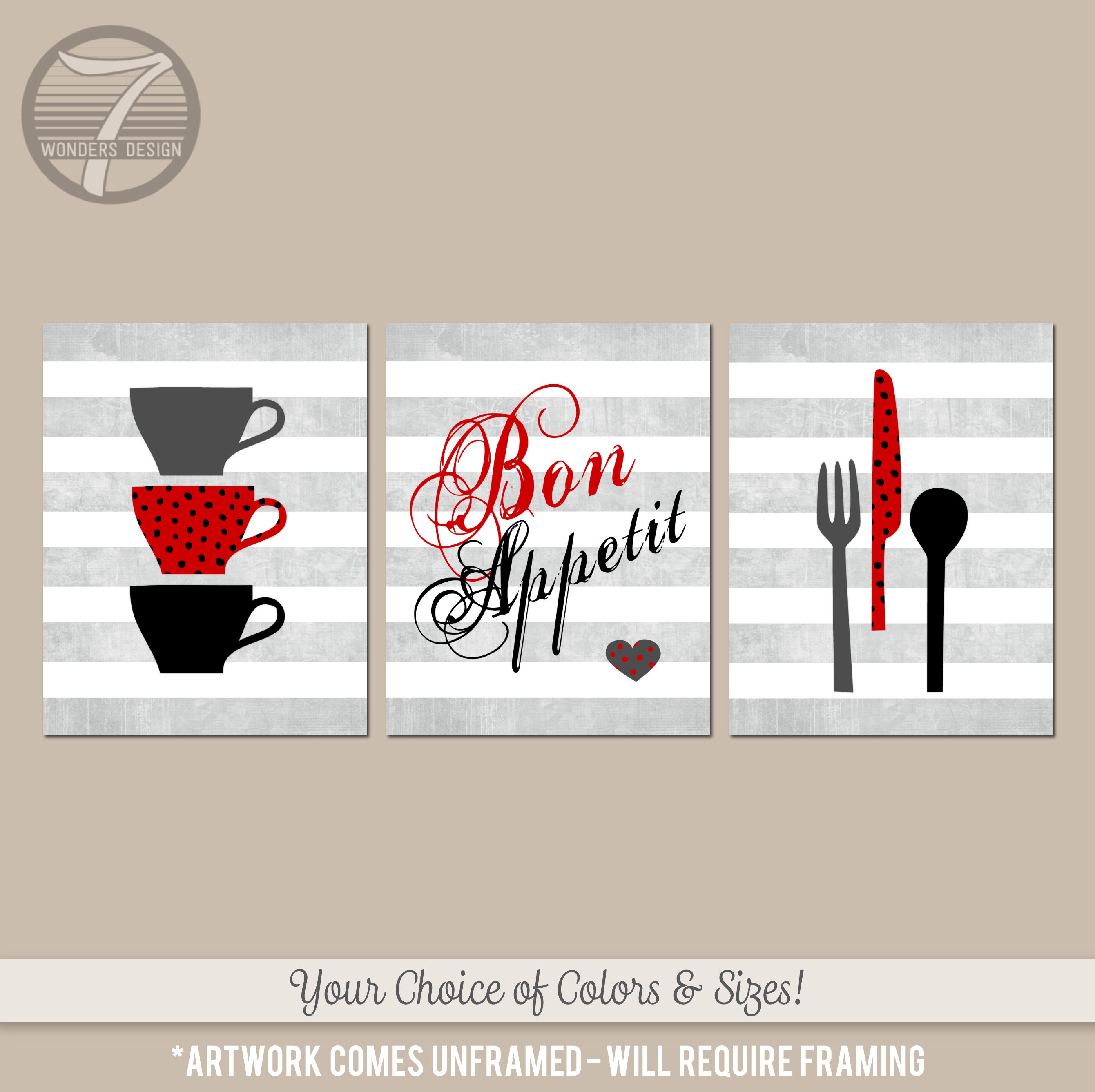 kitchen art personalized prints - utensils, cups,... Modern Kitchen Art Print Set, Bon Appetit, Cups Utensils, Fork Knife ...