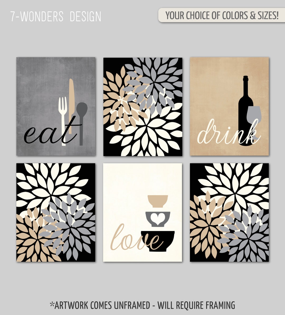 Kitchen Wall Art Print Set, Eat Drink Love, Flower Bursts Grey, Suede