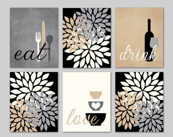 Kitchen Wall Art Print Set, Eat Drink Love, Flower Bursts  Grey, Suede, Black, Cream, Modern Decor, Set of (6) UNFRAMED Prints or Canvas