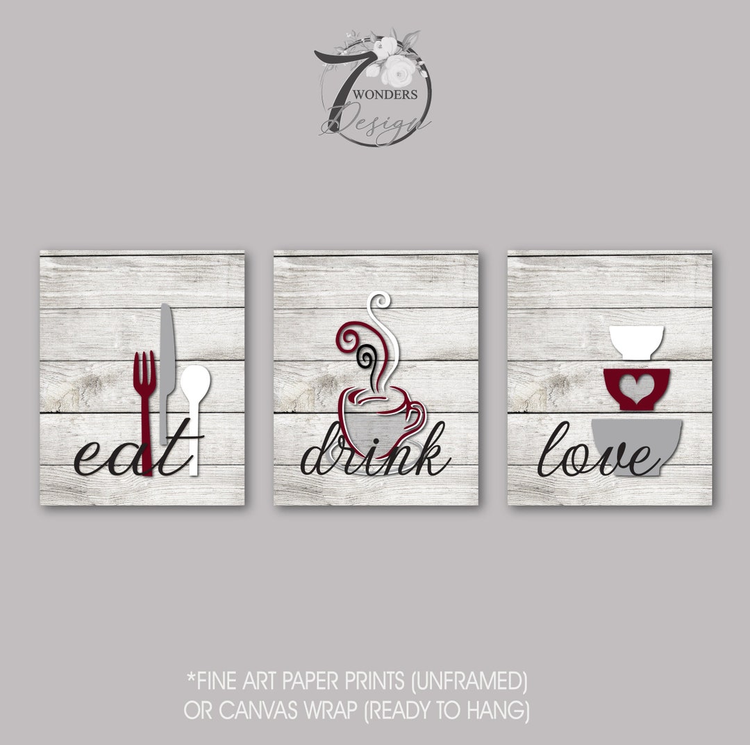 kitchen art personalized prints - utensils, cups,... Farmhouse Kitchen Art Prints Eat Drink Love Faux Rustic Wood Maroon ...