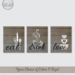 Farmhouse Kitchen Wall Art Prints Eat Drink Love, Faux Wood Coffee Utensils Bowls Modern Decor Set of (3) Unframed Paper Prints or Canvases