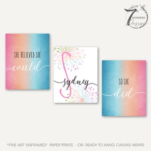 Girls Blue Pink Peach Personalized Name Initial Art Prints She Believed She Could So She Did Teen Bedroom Set of 3 UNFRAMED Prints or Canvas image 1