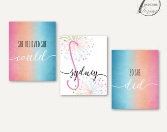 Girls Blue Pink Peach Personalized Name Initial Art Prints She Believed She Could So She Did Teen Bedroom Set of 3 UNFRAMED Prints or Canvas