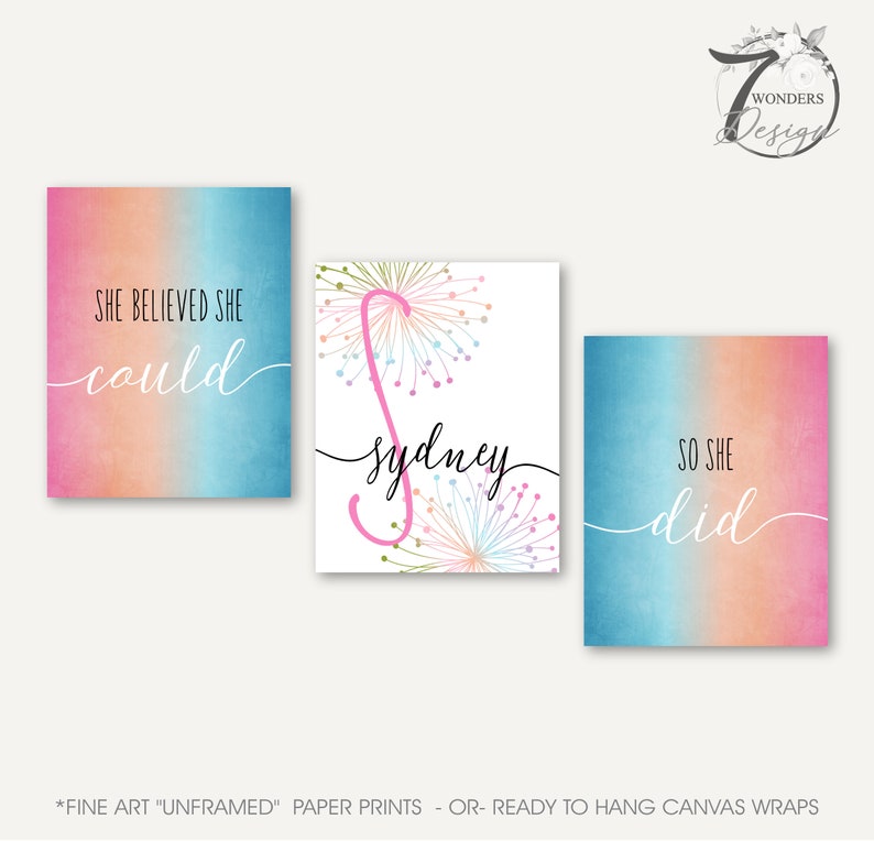 Girls Blue Pink Peach Personalized Name Initial Art Prints She Believed She Could So She Did Teen Bedroom Set of 3 UNFRAMED Prints or Canvas image 1